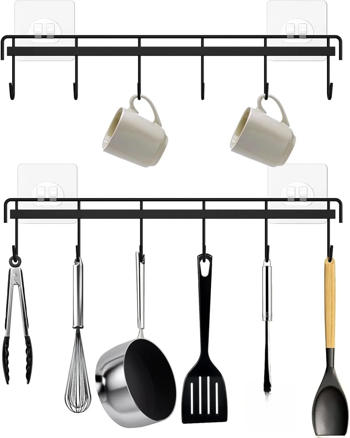 2-Pack Polished Metal Minimalist Kitchen Utensil Organiser - Rust Resistant Wall-Mount Adhesive Hook Storage Rack Rail, No-Drilling Compact Design, 12 Hangable Hooks for Pantry/Home Room Organization Supplies