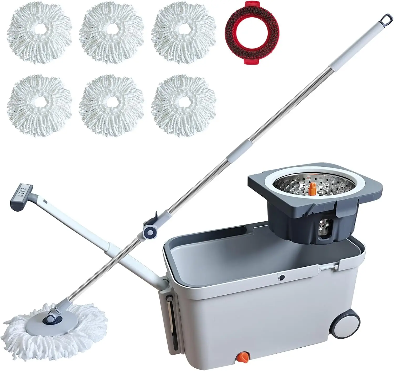Cleaning Spin Mop and Stainless Steel Bucket Set with 6 Mop Heads, Scrub Brush, and 60-Inch Adjustable Extendable Handle