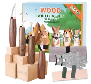 Wood Carving Tools Pack of 15- Includes Black Walnut Handle Wood Carving Knife,Whittling Knife,Hook Knife,Polishing Compound,Sharpening Stone,Cut Resistant Gloves,Wood Carving Kit for Beginners.