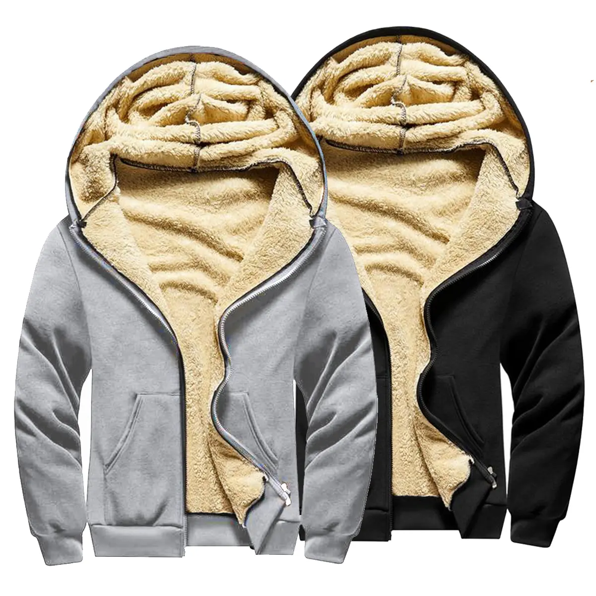 Men's Winter Thick Hooded Wool-Lined Knitting Long-Sleeve Zip-Up Jacket - Chic, Warm, Windproof, Cold-Resistant, Faux Fur-Lined, Pocketed Plain Basics Menswear Outerwear Coat (Beige)