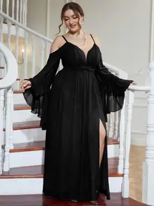 Women's Cold Shoulder Split Thigh Adjustable Formal Evening Dress, Elegant Plus Size Flounce Sleeve Long Dress for Party & Banquet, Women's Plus Clothing for All Seasons