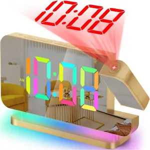 X-SO69   Projection Alarm Clock,7.4" LED Mirror Digital Clocks Large Display,with 180° Rotatable Projector,RGB Night Light,USB C Port,Auto Dimmer, Loud Desk Clock for Heavy Sleeper Bedroom - Gold Adjustable Decor