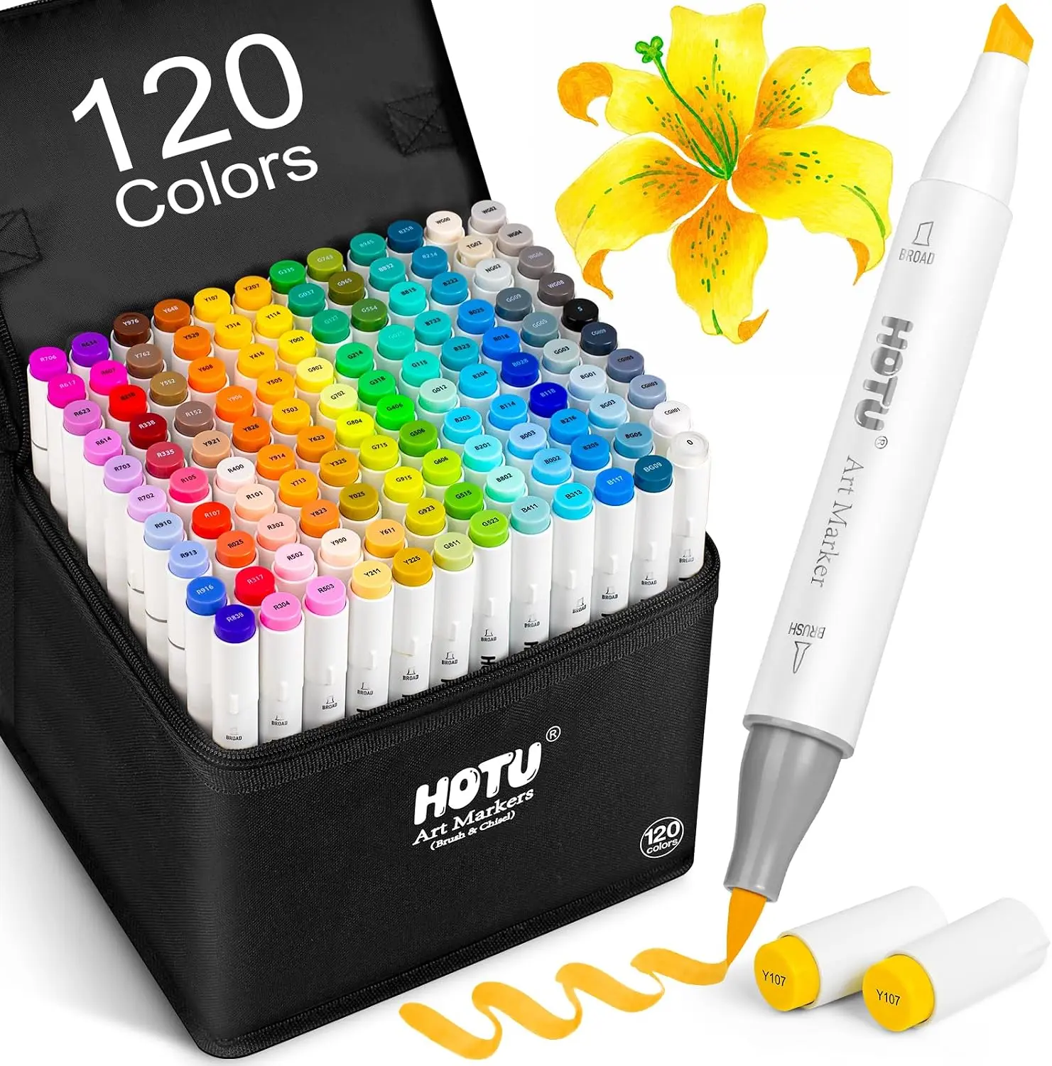 HOTU Dual Tip Alcohol Markers Set – 50/60/100/120Colors, Fine/Brush & Chisel Tips, Easy Blending, Safe Materials, Colorless Blender, Perfect for Kids & Artists, Sketching, Adult Coloring, Great Gift Idea