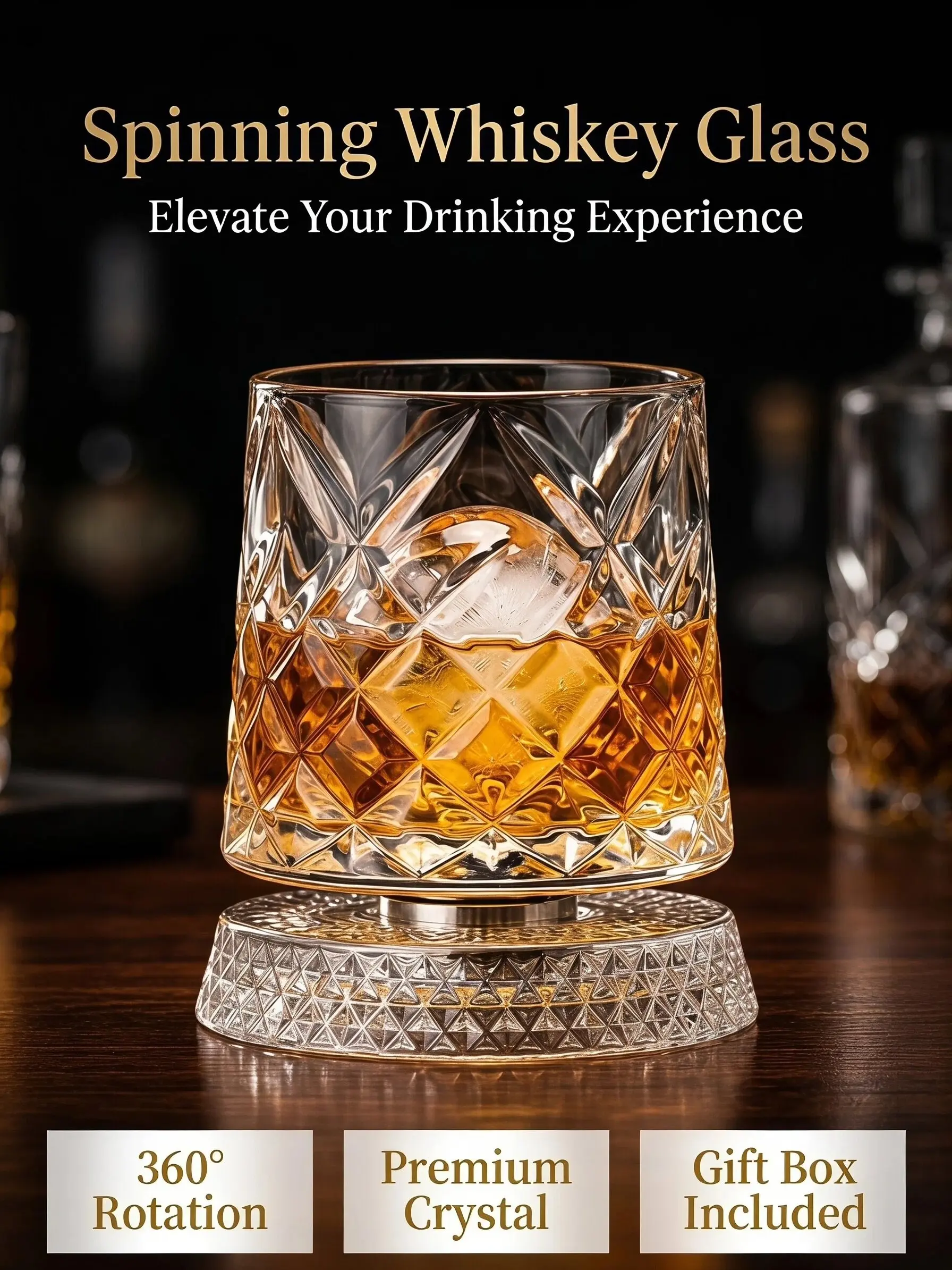 Unisex Spinning Whiskey Tumbler with Rotating Base - Single Cup Set, Glassware Drinkware, Aerates & Enhances Flavor, Stress-Relief Barware for Home Social Events, Unique Gift for Whiskey Lovers (Includes Base)