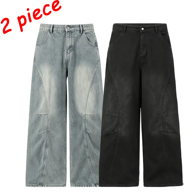 Men's Retro Washed Denim Pants - Baggy Wide Leg Trouser with 3D Topstitching, Menswear for Travel, Spring Streetwear, Patchwork, Oversized, Vintage