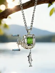 Miniature fishing reel necklace, Charms necklace with rotating handle and movable line guide ring, spinning reel fishing gear keychain, portable pendant, perfect for fishing enthusiast