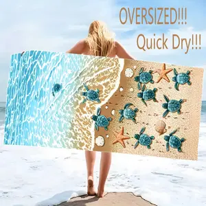 Oversized Baby Sea Turtle Beach Towel - Quick Dry, Super Absorbent Microfiber Towel, Sand Free, Lightweight for Beach, Pool, Travel, Camping - Adorable Coastal Sea Turtle & Starfish Print Design for Ocean Lovers, Kids, and Family