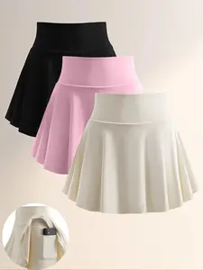 3 Pack Women High Waisted Pleated Tennis Skorts with Pockets Athletic Golf Skirts with Built in Shorts Tummy Control Workout Activewear Moisture Wicking Running Mini Skater Skirt for Pickleball Gym Casual OOTD Lightweight Breathable