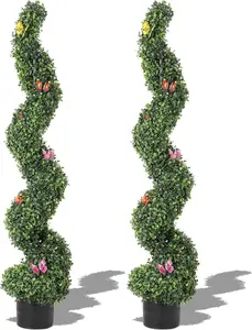 4/5 Ft Artificial Boxwood Spiral Topiary Trees, Artificial Plants Outdoor Front Porch with 7 Pcs Decor, Spiral Faux Topiary Trees for Home Office, Indoor, Garden (2 Pcs)