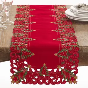Saro Lifestyle Nostalgic Holiday Christmas Tree Table Runner, Red, 16" x 108"