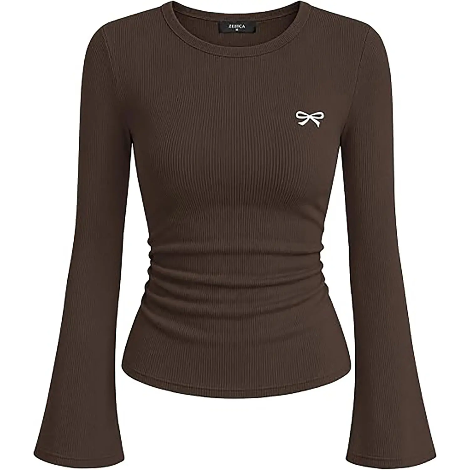 ZESICA Ribbed Bell Long Sleeve Business Casual Tops for Women 2026 | Ribbed Knit Shirts, Bell Sleeve T-Shirts, Slim Fit Ruched Waist Tshirts, Office Work Outfits, Autumn Winter Basics Clothes