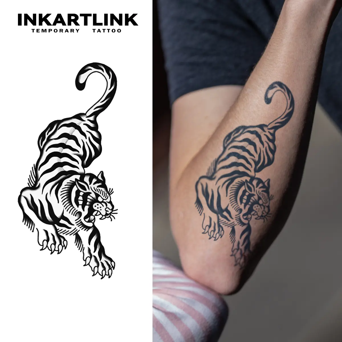 INKARTLINK Tattoo Tech, 2 Sheets Medium Semi Permanent Tattoo, Adult Art Design Temporary Tattoos, Lasts 1-2 Weeks, Waterproof, Realistic Look, No Adhesive, No Reflection (Tiger Design)