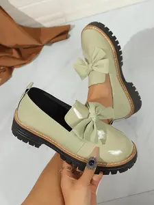 Women's Pink Patent Leather Bow Decor Platform Loafers, Y2K Barbie-Chic Style, Cute JK Casual Shoes.Pink Patent Leather Platform Loafers, Bow Decor Shoes, Y2K Barbie Casual Shoes.