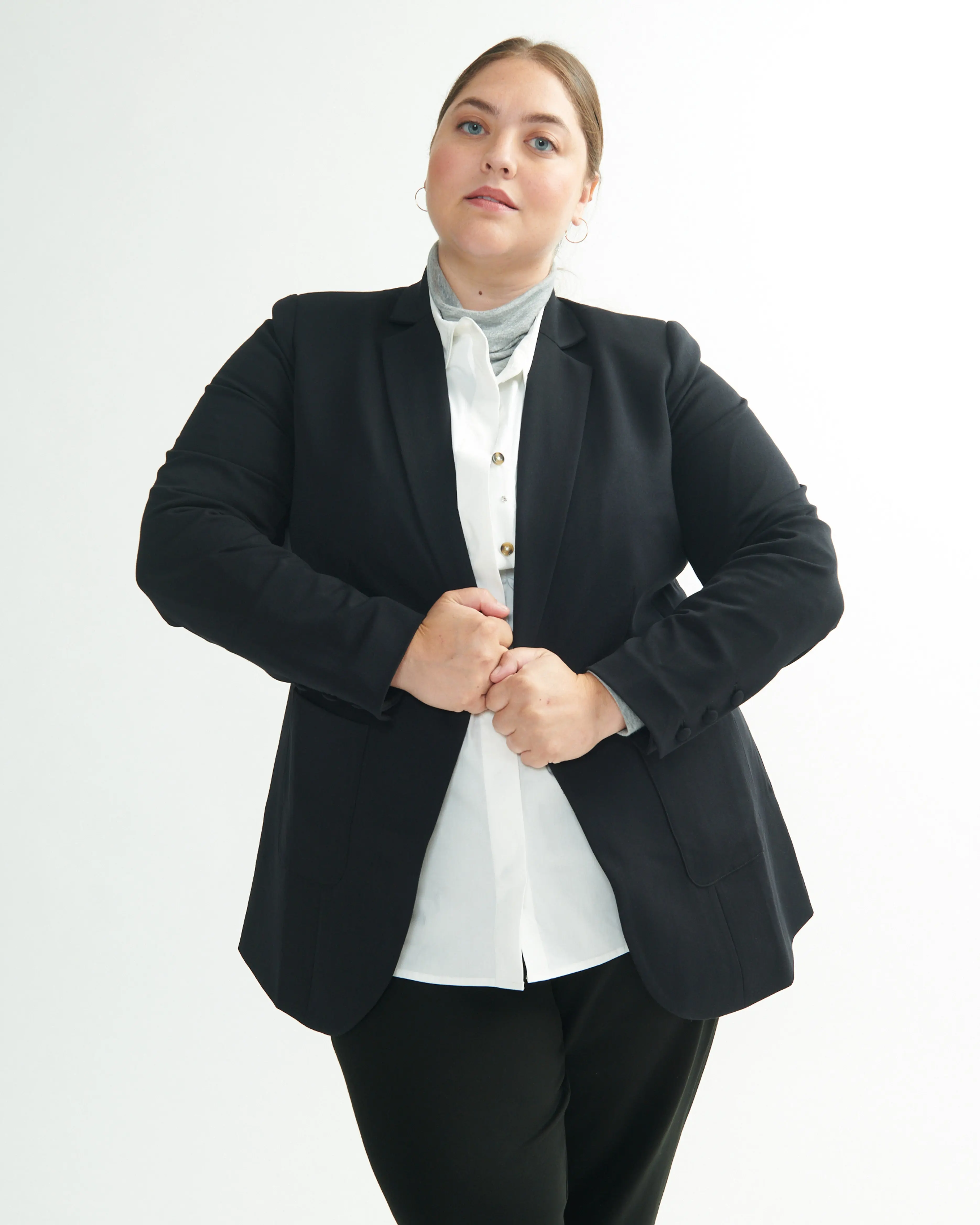 Women's Classic Long Sleeve Button Blazer - Stretchy Suiting Fabric, Tailored Tall-Friendly Fit, Chic Lightweight Work Wear for Dress Casual & Smart Casual Style, Wardrobe Staples, Chic Look, Stretch Fabric, Tailored Fit, Sustainable Fabric