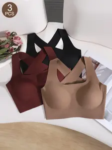 3PCS Women's Wireless Sports Bra Set, Workout Bras, Breathable Hollow Out Design, Adjustable Straps, Removable Pads, Daily Wear, All Seasons, Athletic Fitted