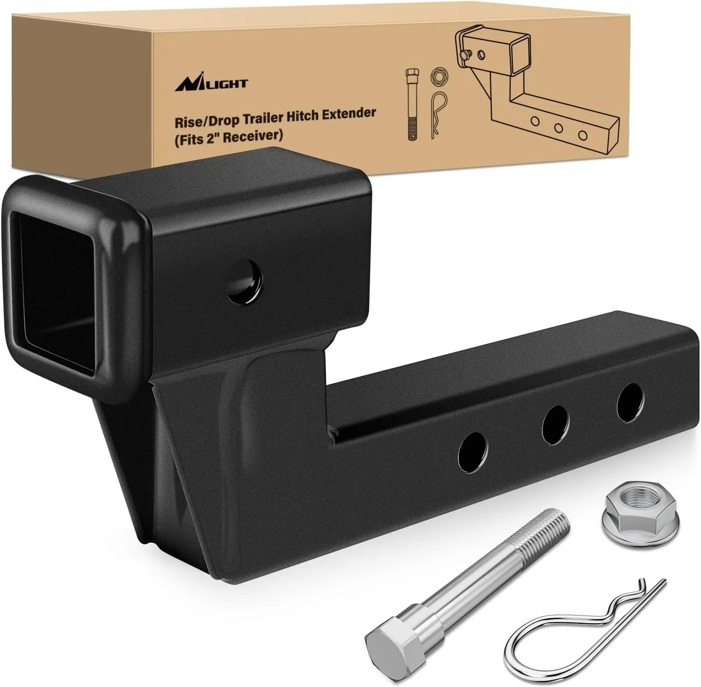 Nilight Adjustable Trailer Hitch Extension Riser for 2-Inch Receiver, 4" Rise/Drop, 7,500 lbs Capacity, 5"/7"/9" Lengths, Matte Black Powder Coated, Bolt Nut Clip Included, Boating Accessories