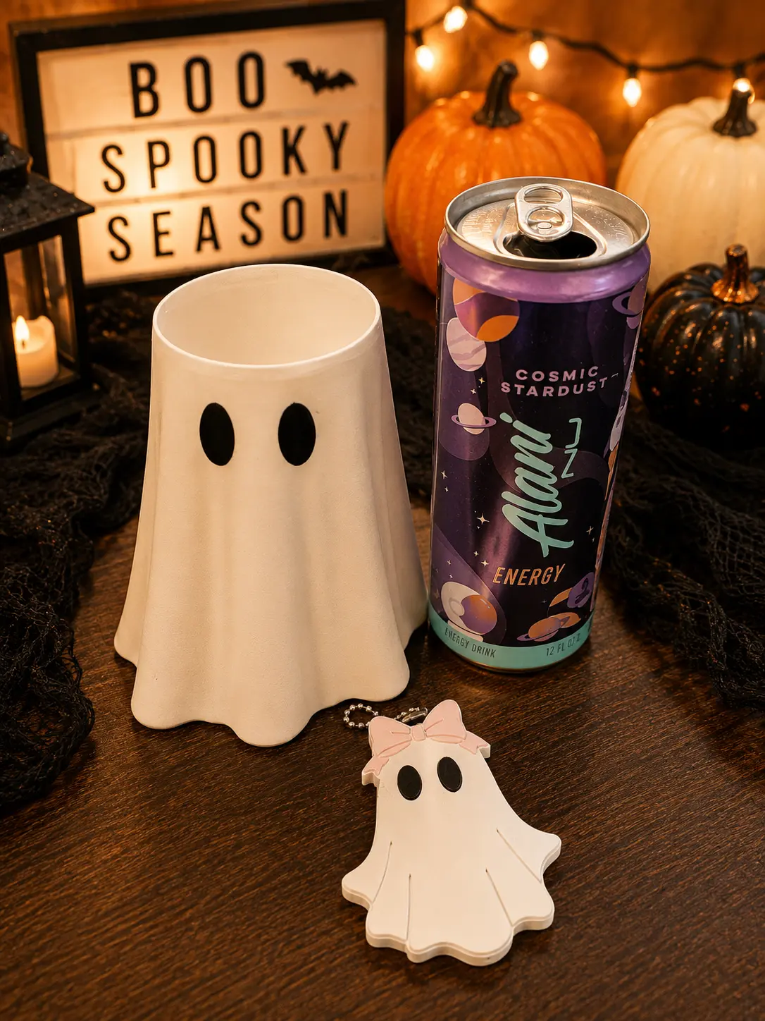 Little Whimsy Co. 12 oz Stylish Handmade Printed Ghost Skinny Can Cooler Set with Matching Ghost Nail Saver, Halloween Kitchenware Drinkware Accessory Gift