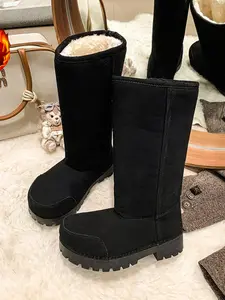 Women's Winter Round Toe Chunky Heel Mid-Calf Boots, Side Zipper Faux Fur Lined Thick Warm Booties, Fashionable Plus Size Shoes, Thick Heeled Boots