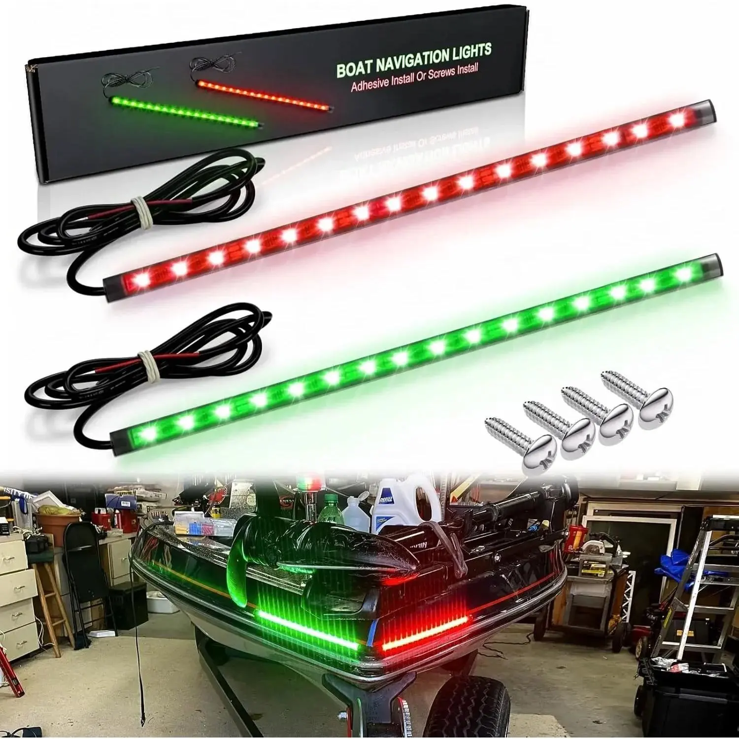 Red & Green Boat Navigation LED Lights Kit, Flexible Strips with 22AWG Wire Gauge, Adhesive Mount IP67 Waterproof ABS Bow Lights, Bright LEDs for Night Fishing & Docking Easier
