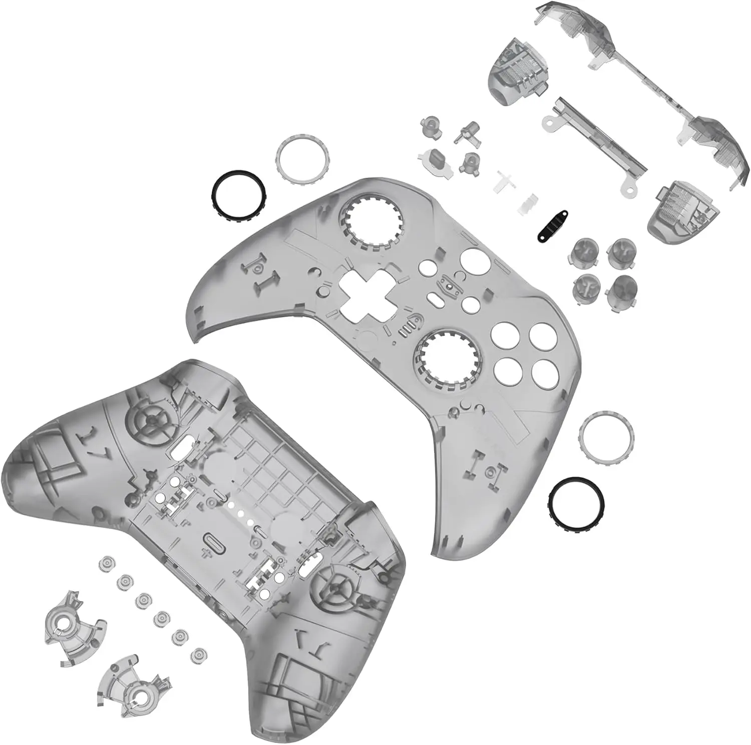 eXtremeRate Plastic Complete Kit for Xbox Elite Series 2 & Core Controller, Clear Black Replacement Faceplate, Back Plate, Bottom Shell with Buttons, Fits Flush, Includes Screws, Gaming Console Accessories (Model 1797), Springs, 1* Open Shell Tool