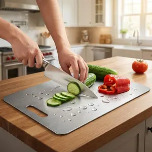 Premium 304 Stainless Steel Metal Cutting Board, Sturdy Double-Sided Non-Slip Chopping Board for Meat & Vegetables, Odor-Proof Easy-to-Clean Lightweight Kitchen Supplies (1 Count)