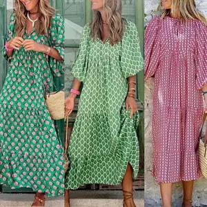 Women's loose Casual Summer V Neck Half Sleeve bohemian Geometric Pattern Maxi Dress Fabric Polyester