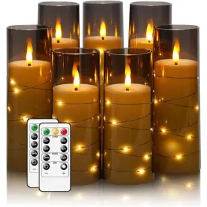 Flameless Candles,with Embedded  String,  Operated Candles Flickering LED Pillar Candles with Remote Control and Timer,  Decoration Add a Warm and Romantic Atmosphere,Set of 7 (Grey)