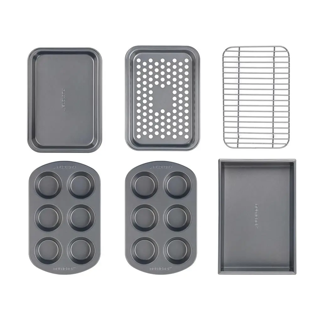 6-Piece Non-Stick Bakeware Set - Gray | Stackable Carbon Steel Baking Pans & Sheets - Oven Safe 450°F, Dishwasher-Safe & Easy Clean - Ideal for Home Baking Cookies, Bread, Cake, Pizza & More