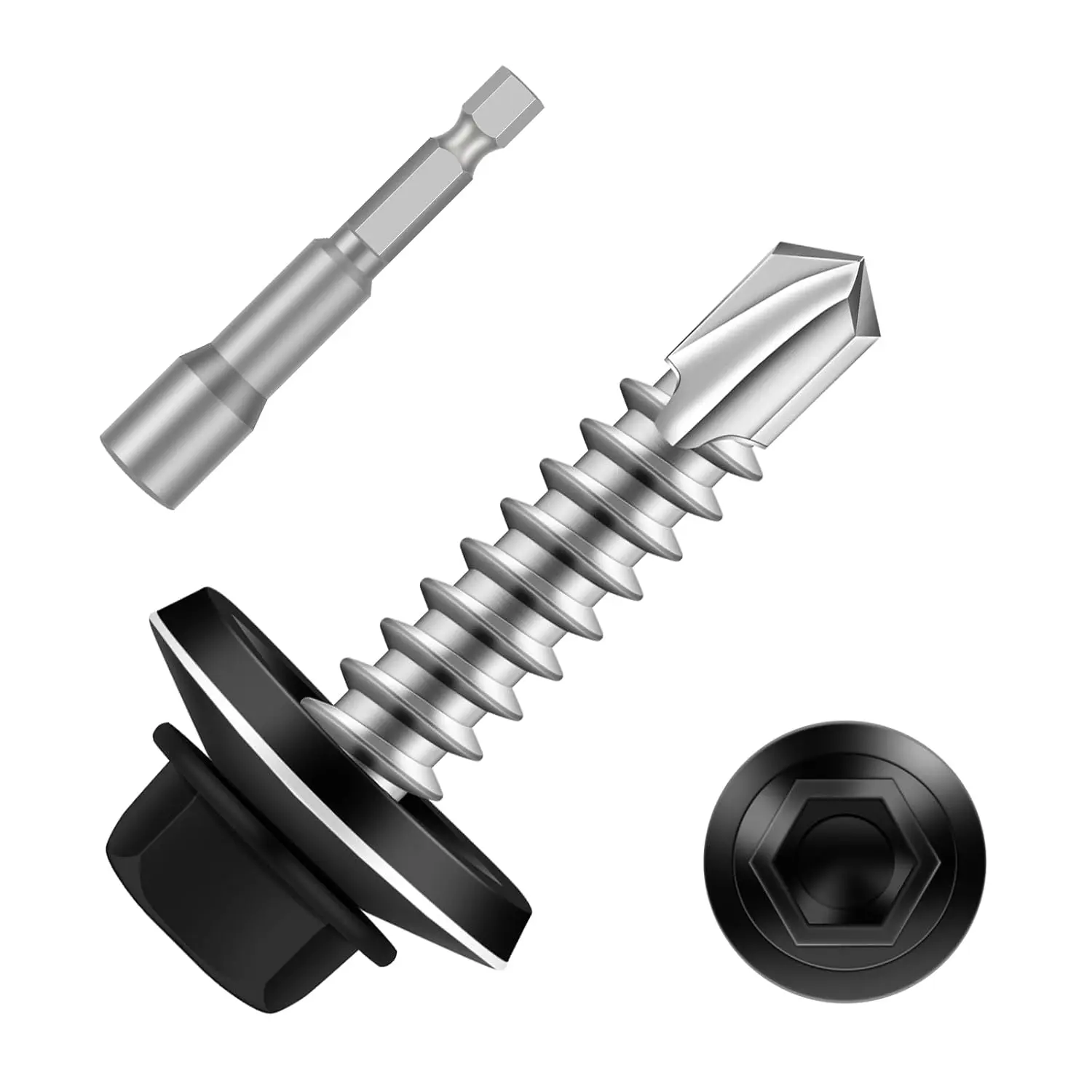 #10 x 3/4" Zinc Plated Steel Self Drilling Roofing Screws Hex Head Self Tapping Screws with EPDM Washer Black Head 100 PCS