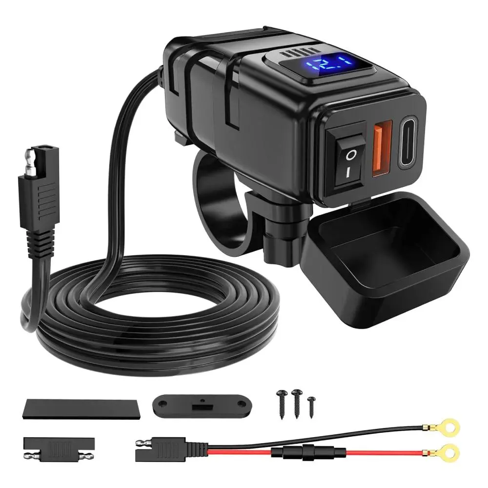 Nilight 12V Voltmeter Motorcycle Charger - 5V 3.4A USB Type-C Port, On-Off Switch, ABS Plastic Build, 40% Fastcharge, 10A Fused SAE Extension Cable, 42.5in Gear for Snowmobile/Scooter Devices, 7/8in Fit Motorcycle Accessories, Snowmobiles