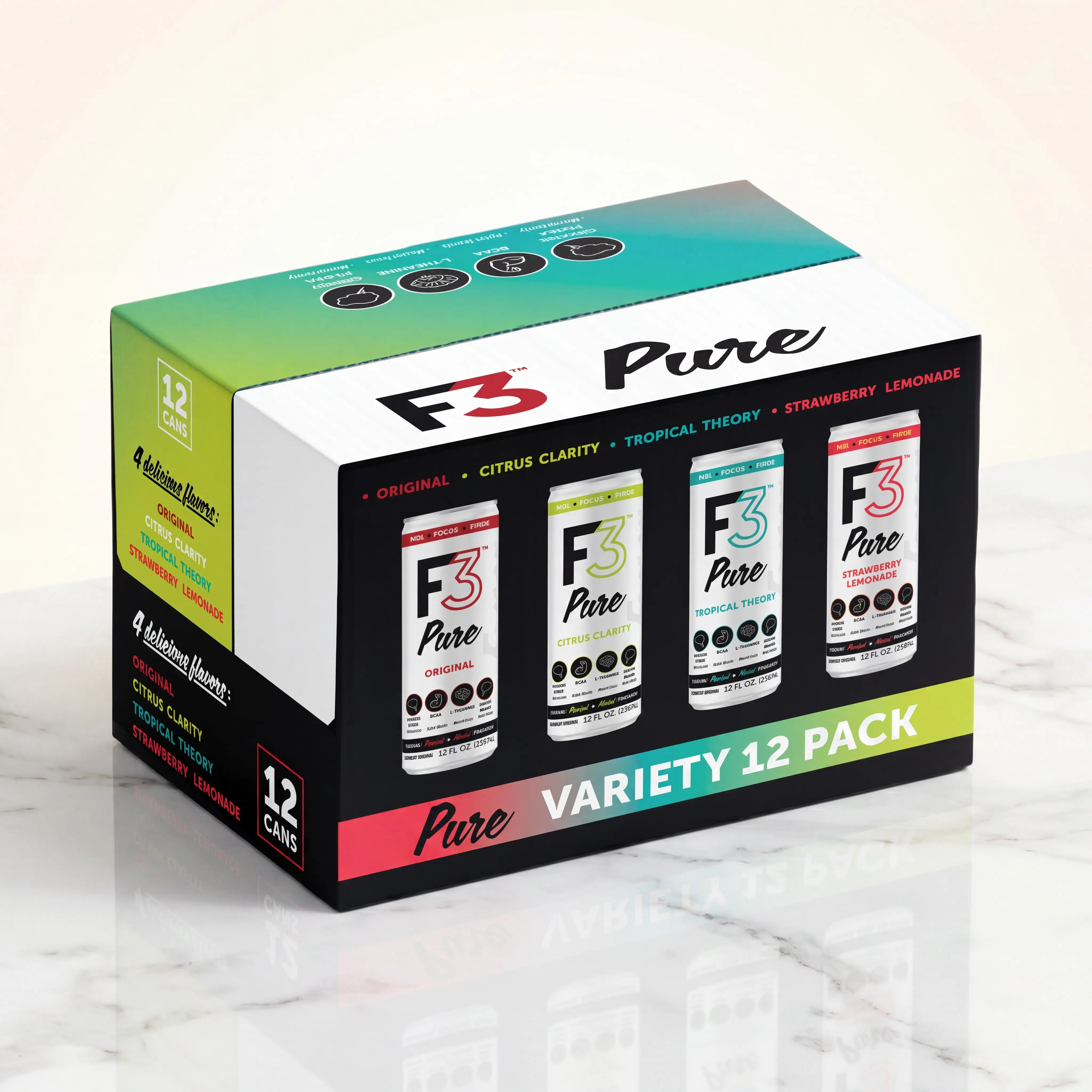 F3 Pure Energy Drink Variety Pack - 12 Pack (4 Flavors: Strawberry Lemonade, Ginkgo Biloba, Carbonated Water) with Clean Formula, Vitamin C, Green Tea, Energy Booster, Daily Boost