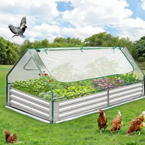 Raised Garden Bed with Clear Cover - Outdoor Galvanized Metal Planter Box Kit, 2 Large Screen Windows, Mini Greenhouse for Vegetables and Plants