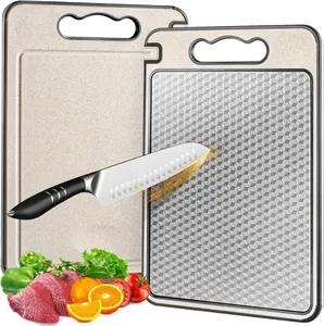 [New deal] - Stainless Steel Cutting Board for Kitchen, Non Toxic Large Chopping Board Double Sided Non-slip Scratch-resistant Mesh Design with Juice Groove Food-Grade Wheat Straw PP 15×10 In Easy to Clean