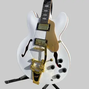 Semi-Hollow 335 Jazz Guitar White Maple Body with Gold Bigsby Tremolo