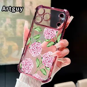 Blushing Hydrangea Dream Pattern Phone Case for iPhone 17 Pro Max 16 15 Plus Air 14 13 12 11 E Electroplated Four-Corner Anti-Fall Protection Cellphone Cover