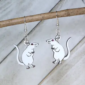 White Rat Wooden Dangle Earrings | Pet Rodent Animal Jewelry