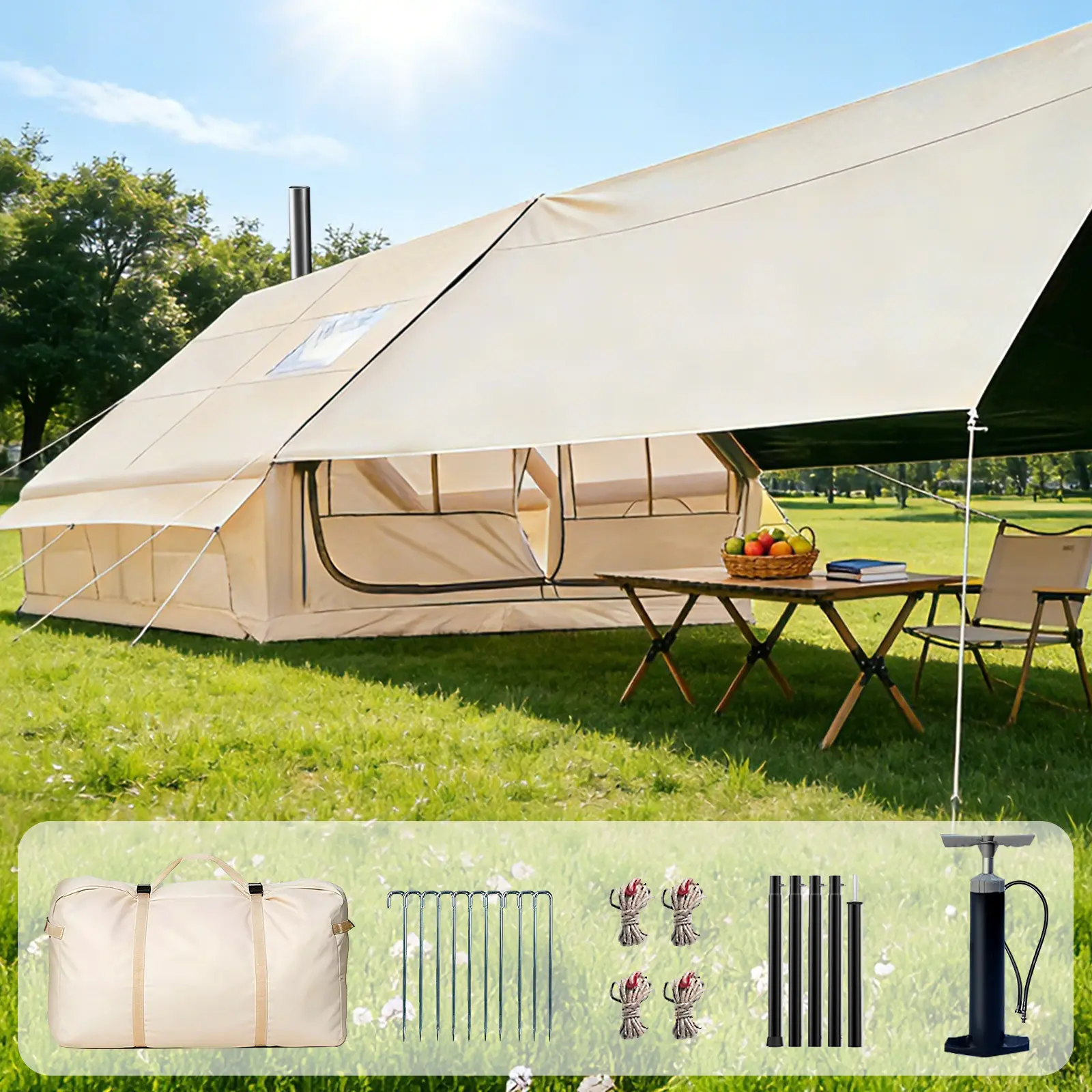 Blackout Inflatable Camping Tent with Awning, Waterproof Oxford Fabric Air Tent, Quick Setup Blow Up Tent with Hand Pump, 8-12 Person 4-Season Tent with Ground Tarp for Camping Glamping