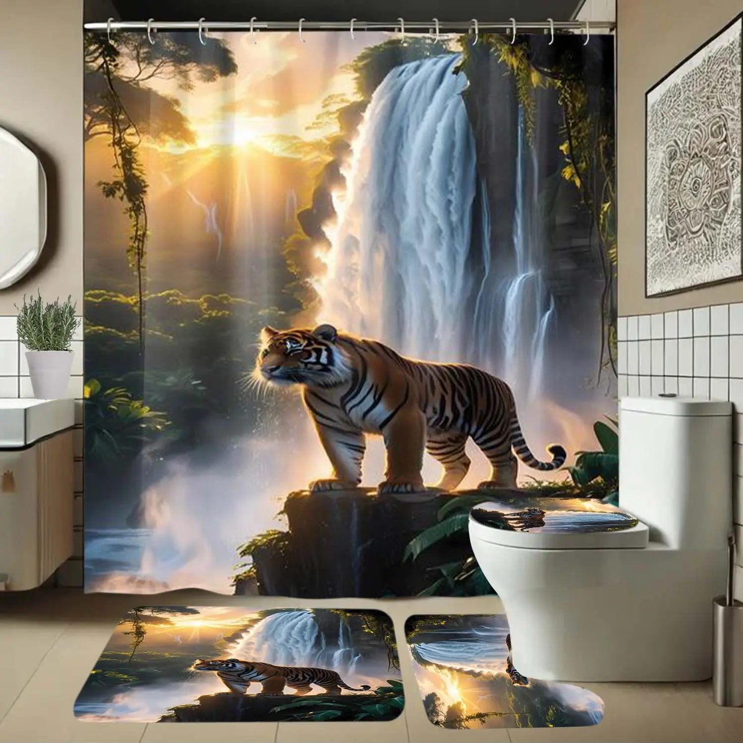 Waterfall Tiger Pattern Waterproof Shower Curtain Set with Rug, Non-Slip Bath Mat, U-Shaped Toilet Lid Cover Pad, Bathroom Decor with Hooks, for Restroom