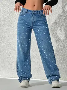 Women's Fashionable Pearl-Studded Denim Jeans, Comfortable Elastic Waist Design, Fit Trendy Wide-Leg Straight Cut Jeans for Casual Wear