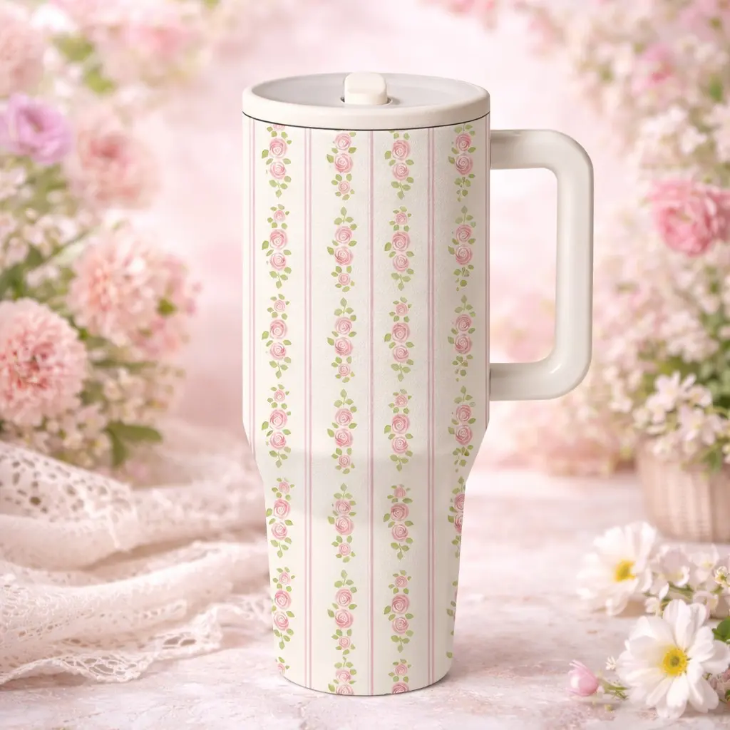 1 40oz insulated mug, Insulated coffee tumbler, Leakproof Tumbler, leakproof thermal mug with handle and lid, keeps hot 12 hours cold 24 hours, large capacity tumbler, vintage floral stripe design, Stainless Steel Drinkware, birthday gift