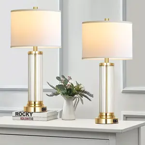 2024 2-Pack Modern Touch Control Table Lamps with USB Ports - 3-Way Dimmable, Fabric Cream Shade, Golden Acrylic and Glass Construction - Bedside Reading Lamp for Living Room and Bedroom with LED Bulbs Included and 110V/220V Power Supply
