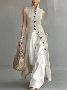 Elegant Linen Textured Breathable Long Vest for Women, Sleeveless Stand Collar Single Button Design, Loose Fit Slimming for Spring Summer Fall Layering Elegance