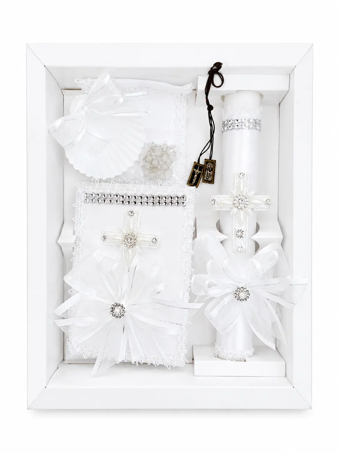 6-Piece Baptism Candle Set | Pearl Cross Bow | Bible Shell & Rosary