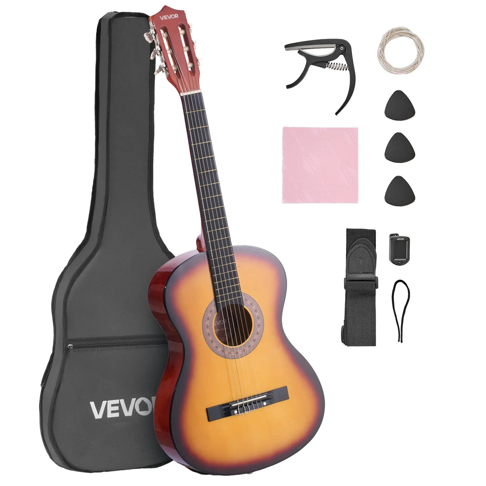 【DealsForYouDays】VEVOR 38 in/960 mm Basswood Classical Guitar Starter Kit for Beginners - Nylon Strings, Gig Bag, Strap, Tuner, Extra String, Pick, Capo, Sunburst Finish, Dust Cloth, Ideal for Young Musicians