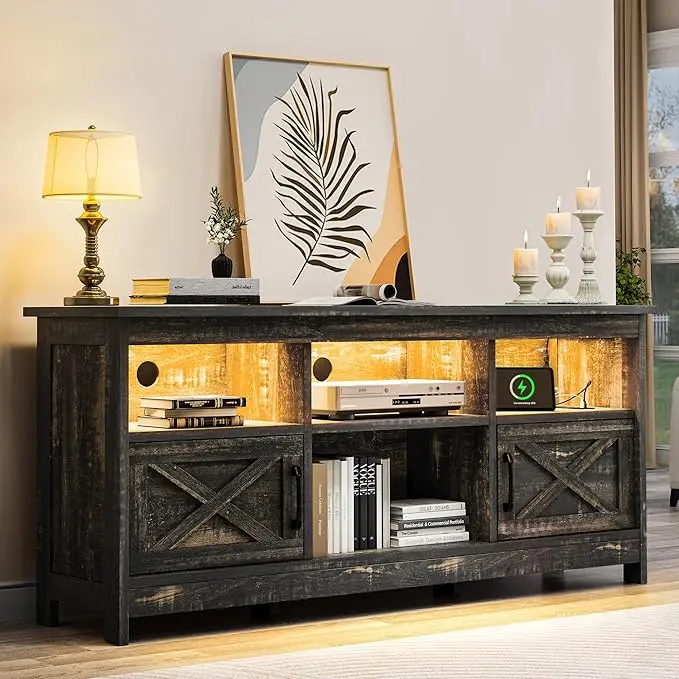 YITAHOME Farmhouse TV Stand with Power Outlet, Entertainment Center, LED Light Media Console, Simple TV Cabinet for Living Room or Bedroom