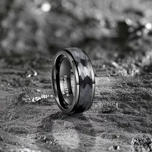 Men's 8mm Black Hammered Spinner Tungsten Ring Rotatable Beveled Edge Comfort Fit Scratch Resistant - Yonifu Durable Fidget Stress Relief Wedding Band Gift for Him