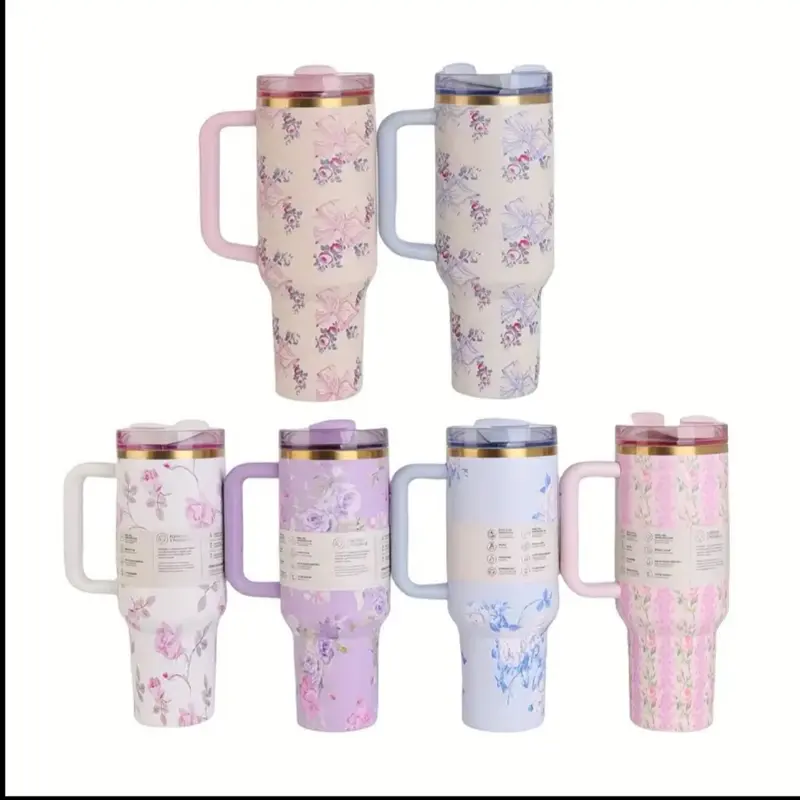 40oz Floral Stainless Steel Tumbler with Handle & Straw - Insulated Travel Mug for Coffee, Tea, Juice, and Water - Reusable Vacuum Cup with Twisted Lid, 316 Stainless Steel, Pastel Flower Designs, Versatile Beverage Container | Floral Pattern Mug | Durabl