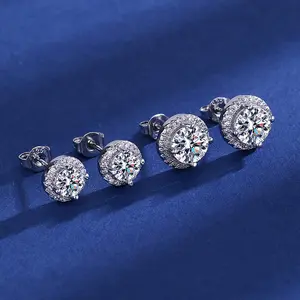 Gilded Grace Moissanite Stud Earrings for Women, 925 Sterling Silver Halo Round CZ Diamond Earrings, Bridal Wedding Gift for Her