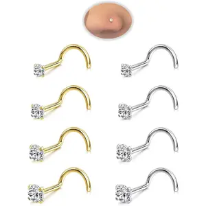 Women's Hypoallergenic 316L Surgical Steel Nose Studs & Earrings Set, 8Pcs 18G-20G Gold/Silver Corkscrew Piercing Jewelry, 1.5mm-3mm Imitation Diamond CZ Small Studs, Surgical Steel Earrings