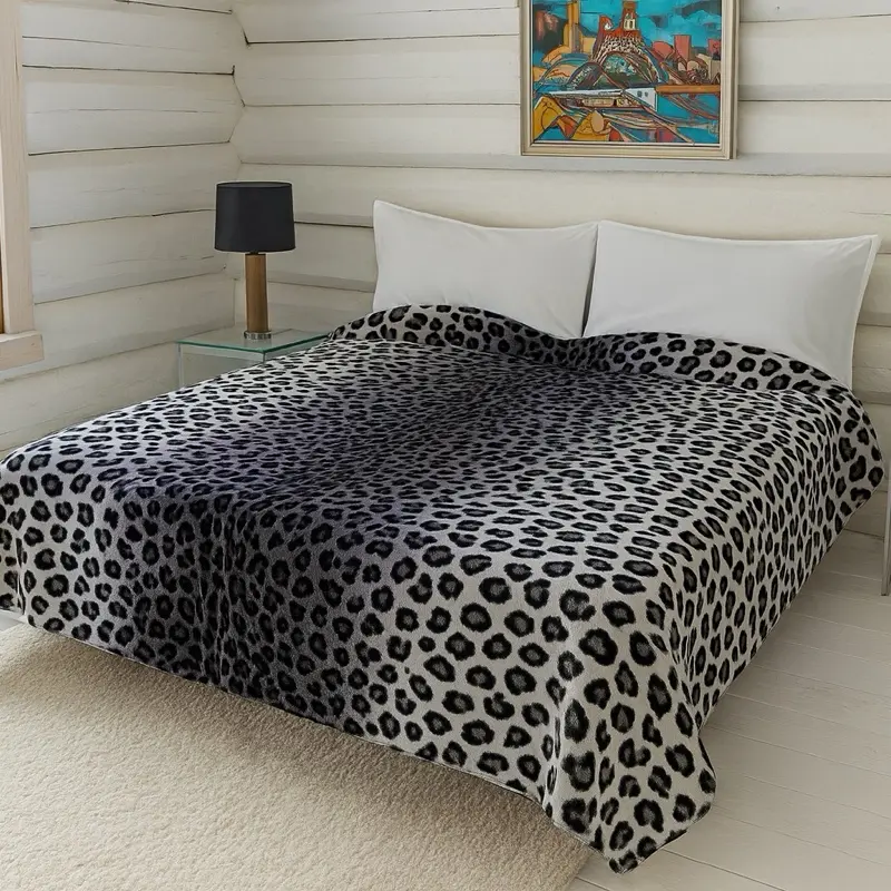 Black leopard faux mink Korean plush heavy duty blanket